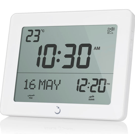 Azan Clock White/Black- Automatic Athan 5 Times in 5 Different Voices - big screen