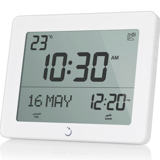 ALFAJR Azan Clock White - Automatic Athan 5 Times in 5 Different Voices